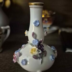 Antique Dresden Potschappel Porcelain Miniature Flower Encrusted Vase 2.75 inch